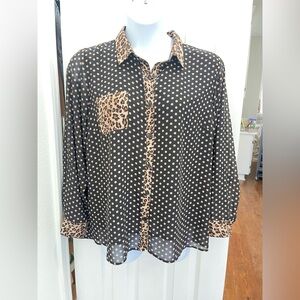 Belle by Kim Gravel Leopard Print Black and Tan Polka Dot Womens Blouse